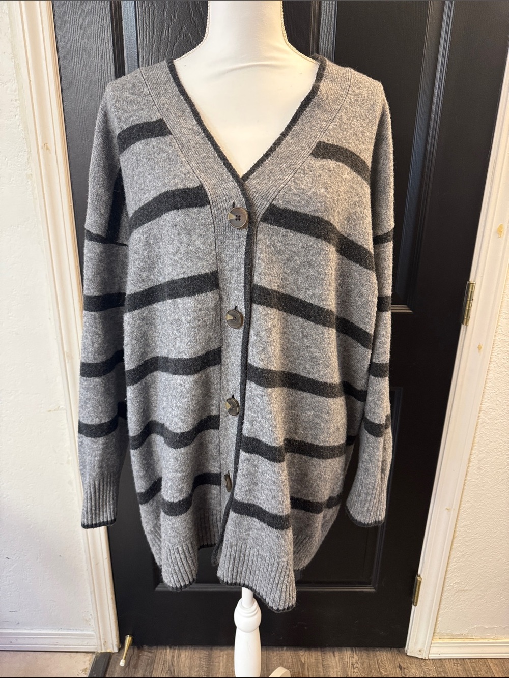 Sonoma Gray & Dark Gray Striped V-Neck Button Cardigan